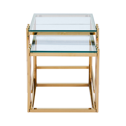 Cohen Set of 2 Gold Steel Tubes and Clear Glass Nesting Table