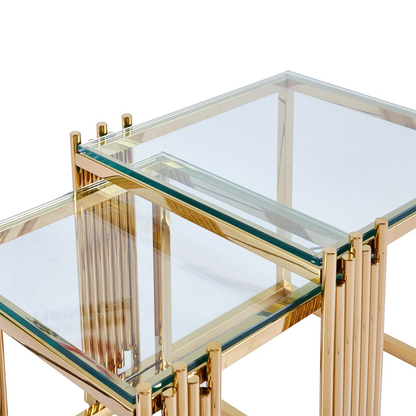 Cohen Set of 2 Gold Steel Tubes and Clear Glass Nesting Table