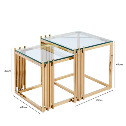 Cohen Set of 2 Gold Steel Tubes and Clear Glass Nesting Table