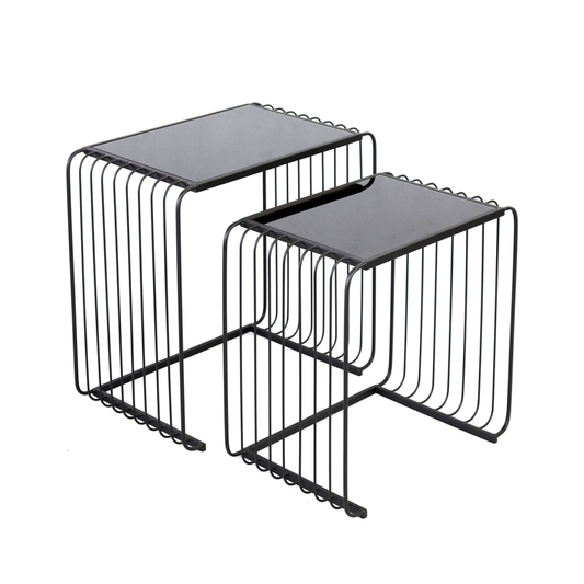 Set of 2 Black Metal with Black Glass Top Nesting Table