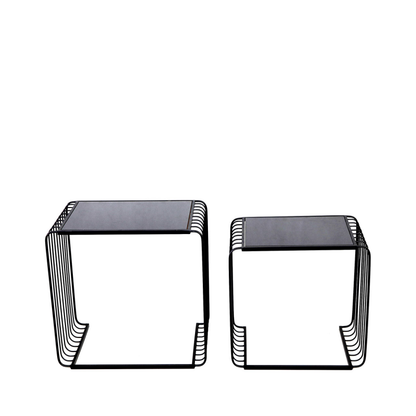 Set of 2 Black Metal with Black Glass Top Nesting Table