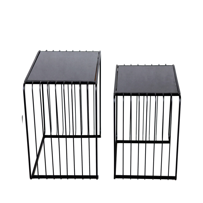 Set of 2 Black Metal with Black Glass Top Nesting Table