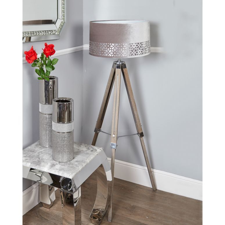 Wood Tripod Floor Lamp With Grey Shade