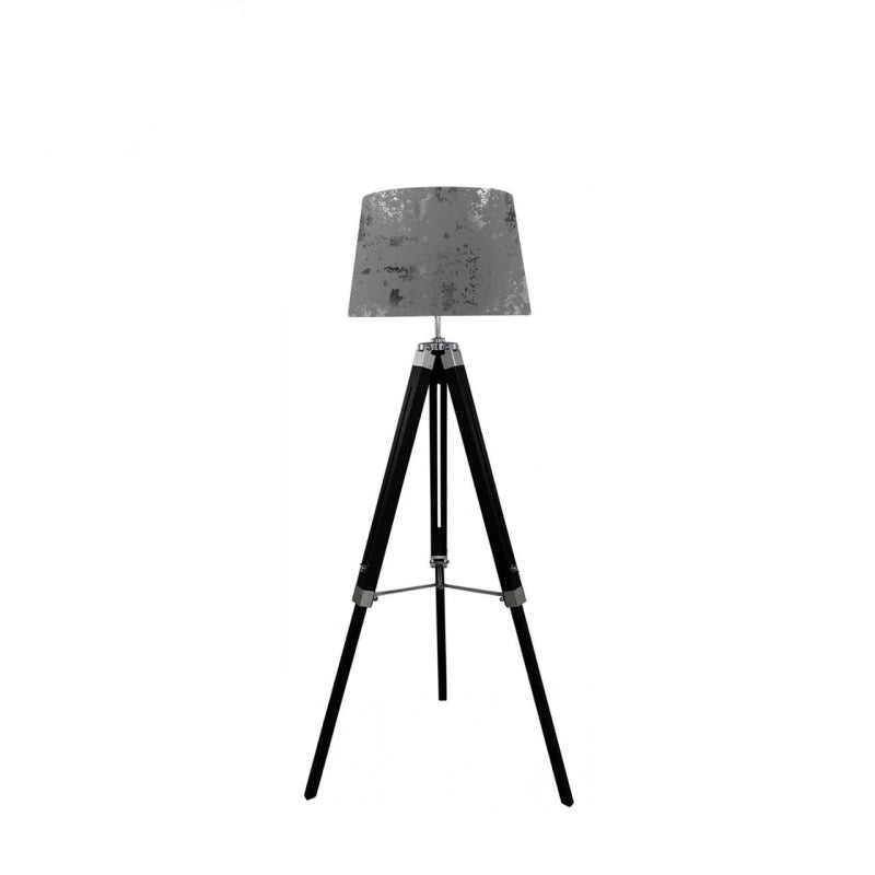 Black Wood Tripod Floor Lamp with Linen Empire Grey Shade