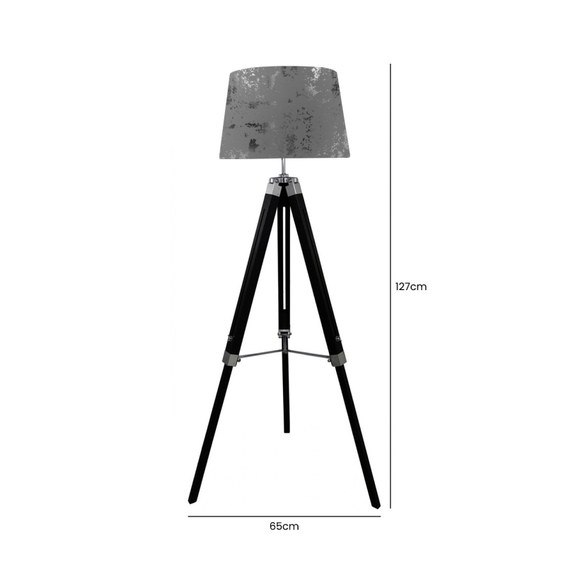 Black Wood Tripod Floor Lamp with Linen Empire Grey Shade