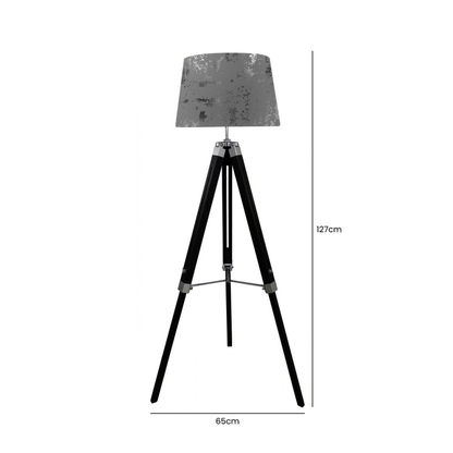 Black Wood Tripod Floor Lamp with Linen Empire Grey Shade