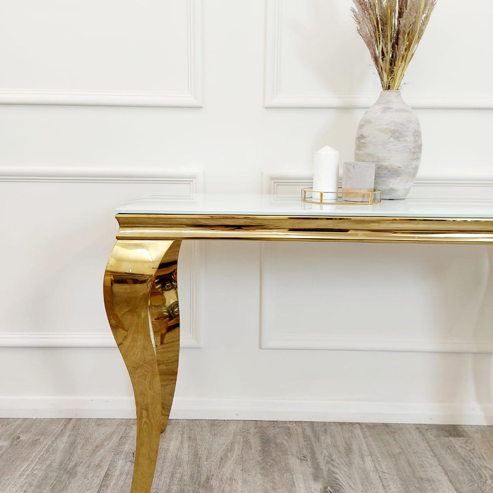 Louis Gold Console Table in White Glass Top