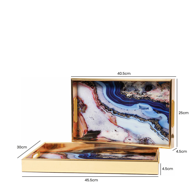 Agate Design Set of 2 Blue and Gold Tray