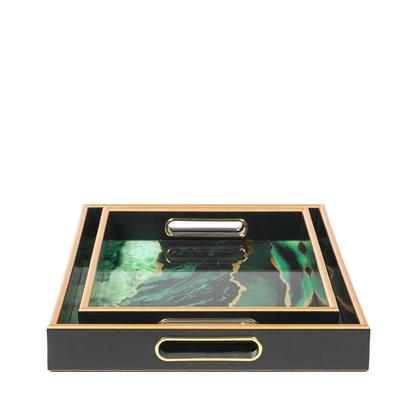 Agate Design Set of 2 Green and Gold Tray