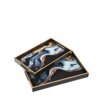 Abstract Design Set of 2 Black Blue and Yellow Tray