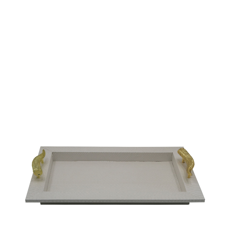 Pearl White Faux Snake Leatherwith Gold Horn Handle Tray