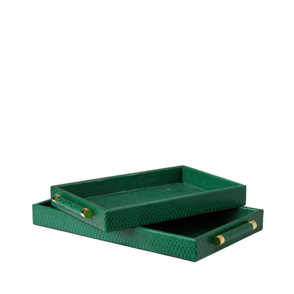 Set of 2 Faux Snake Leather Tray Green