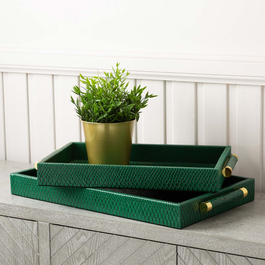 Set of 2 Faux Snake Leather Tray Green