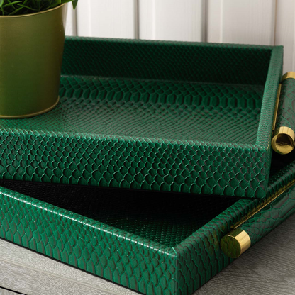 Set of 2 Faux Snake Leather Tray Green