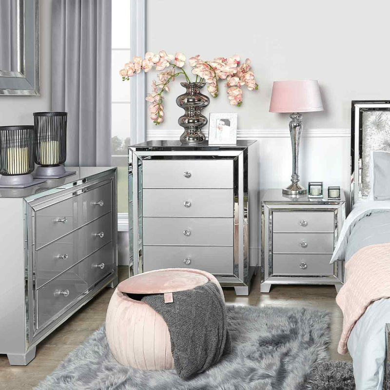 Grey Manhattan Mirror 3 Drawer Bedside Cabinet