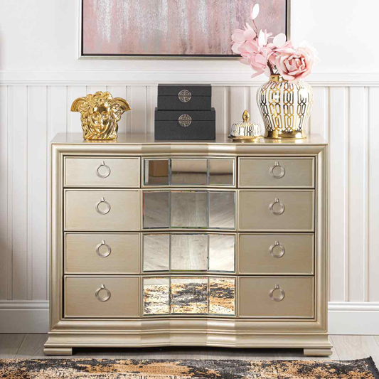 Lucca Mirror Champagne 5 Drawer Chest