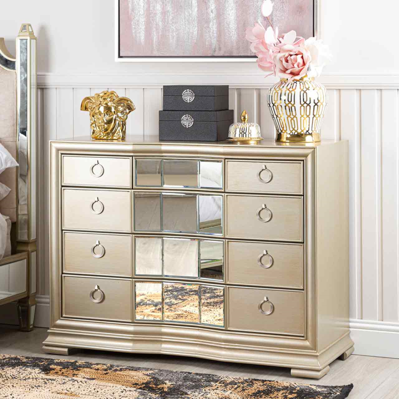 Lucca Mirror Champagne 5 Drawer Chest