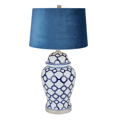 Alanthus Blue And White Ceramic Lamp With Blue Velvet Shade