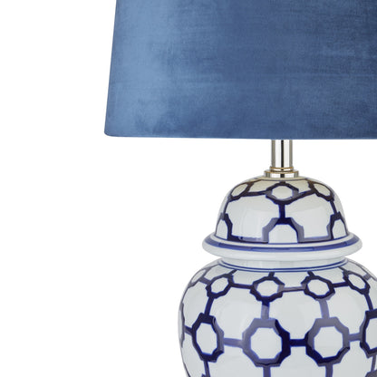 Alanthus Blue And White Ceramic Lamp With Blue Velvet Shade