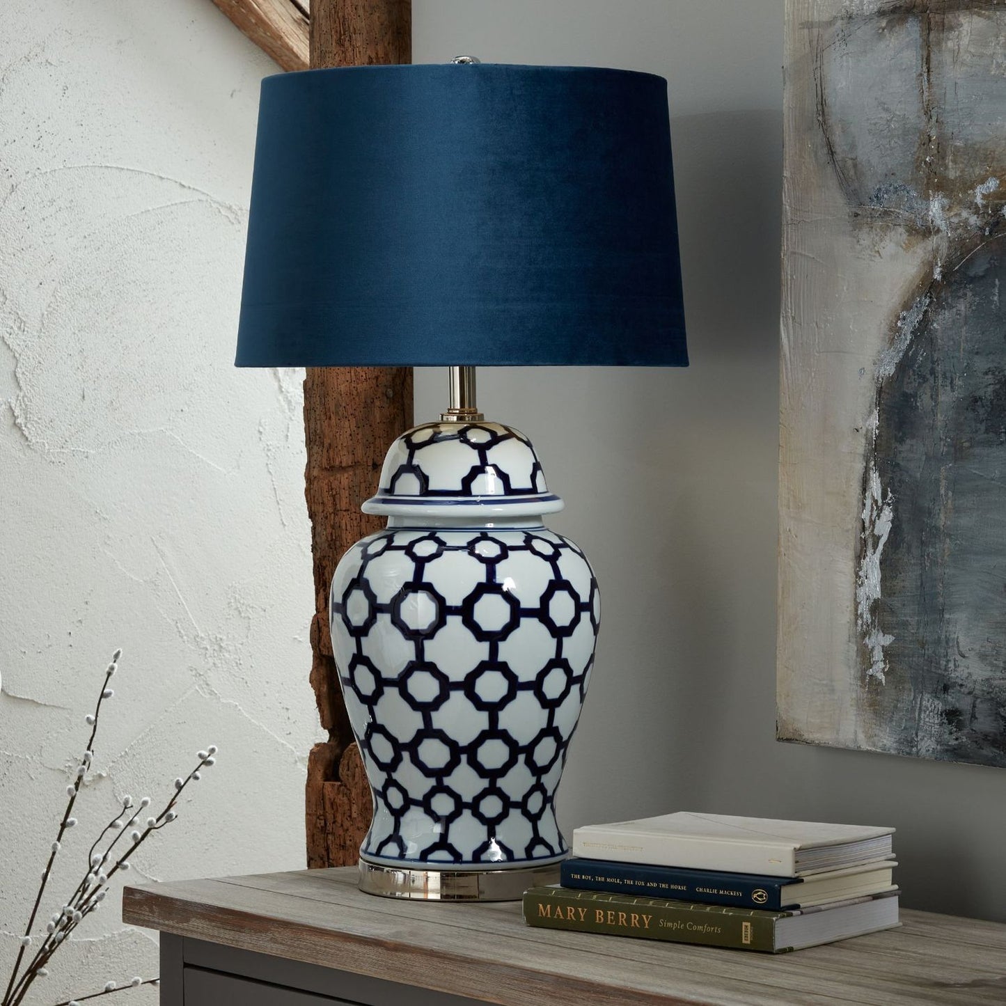 Alanthus Blue And White Ceramic Lamp With Blue Velvet Shade