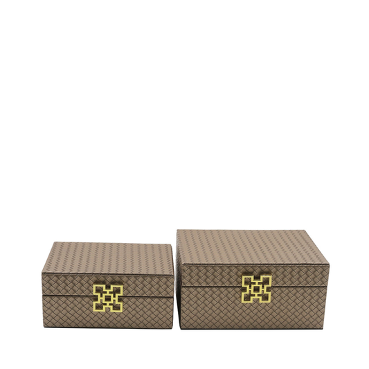 Set of 2 Bronze Faux Leather with Gold Handle Jewellery Boxes