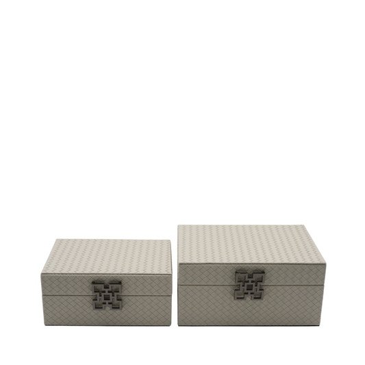 Set of 2 Grey Faux Leather with Gunmetal Handle Jewellery Boxes