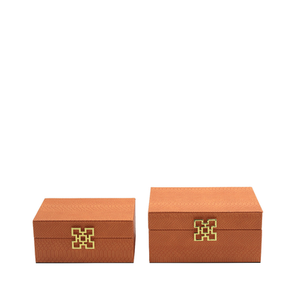 Set of 2 Orange Faux Leather with Gold Handle Jewellery Boxes