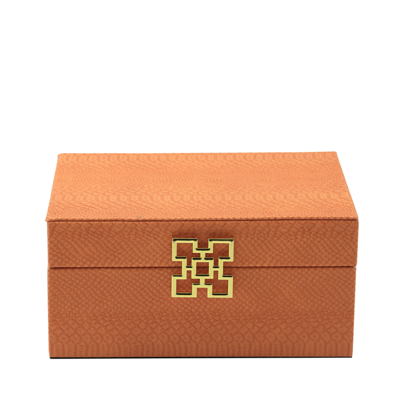 Set of 2 Orange Faux Leather with Gold Handle Jewellery Boxes