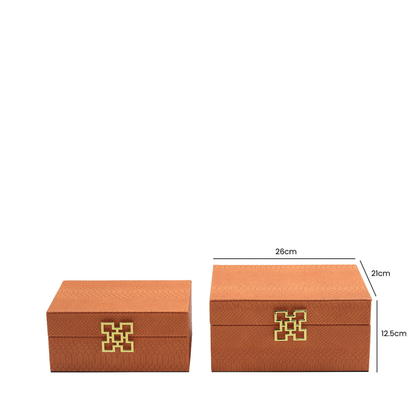 Set of 2 Orange Faux Leather with Gold Handle Jewellery Boxes