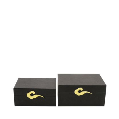 Set of 2 Matte Black Faux Litchi with Gold C-Wave handle Jewellery Boxes