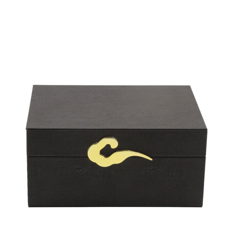 Set of 2 Matte Black Faux Litchi with Gold C-Wave handle Jewellery Boxes