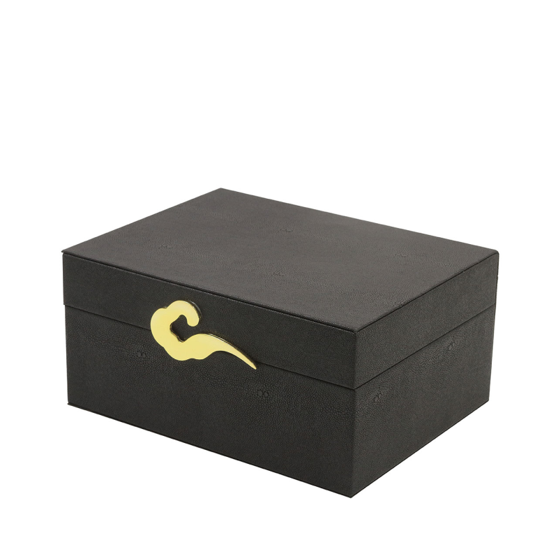 Set of 2 Matte Black Faux Litchi with Gold C-Wave handle Jewellery Boxes