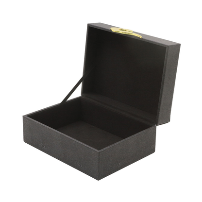 Set of 2 Matte Black Faux Litchi with Gold C-Wave handle Jewellery Boxes