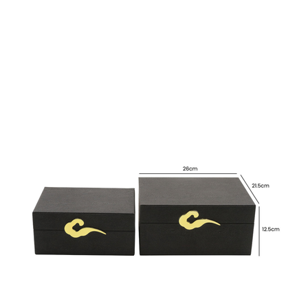 Set of 2 Matte Black Faux Litchi with Gold C-Wave handle Jewellery Boxes