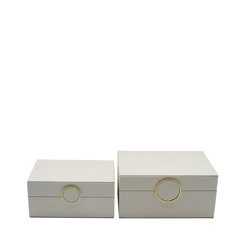 Set of 2 White Faux Litchi with Gold Ring Handle Jewellery Boxes