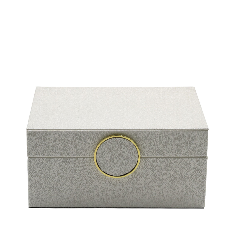 Set of 2 White Faux Litchi with Gold Ring Handle Jewellery Boxes