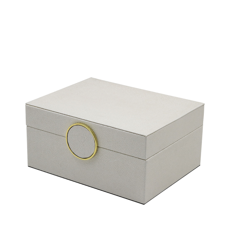 Set of 2 White Faux Litchi with Gold Ring Handle Jewellery Boxes