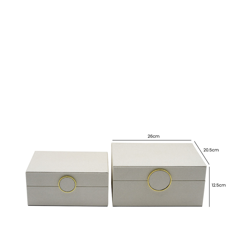 Set of 2 White Faux Litchi with Gold Ring Handle Jewellery Boxes