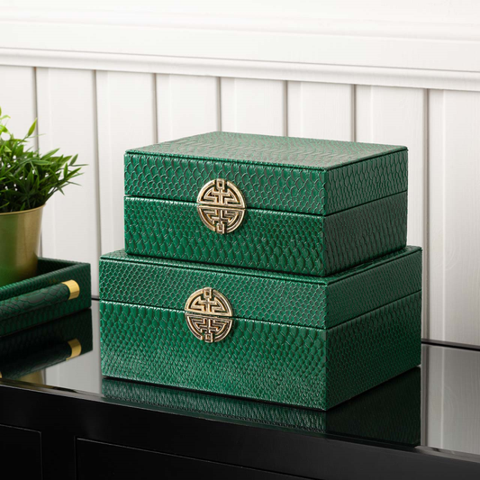 Set of 2 Green Faux Snake Leather Jewellery Boxes