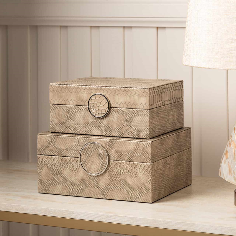 Set of 2 Taupe Faux Snake Leather Jewellery Boxes