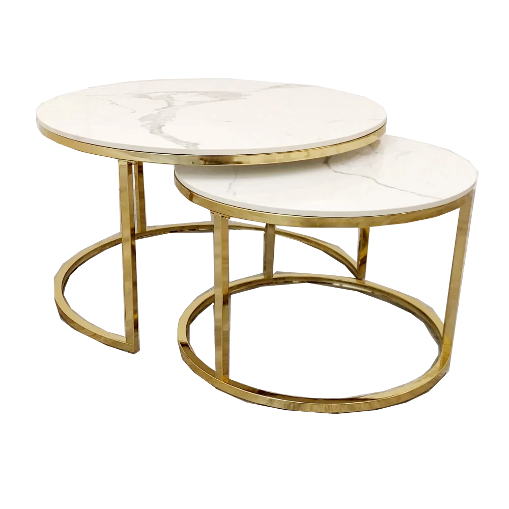 Halo Nest of 2 Short Round Coffee Gold Tables with Polar White Sintered Stone Tops