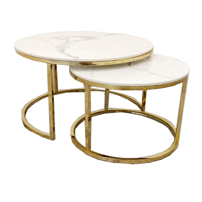 Halo Nest of 2 Short Round Coffee Gold Tables with Polar White Sintered Stone Tops