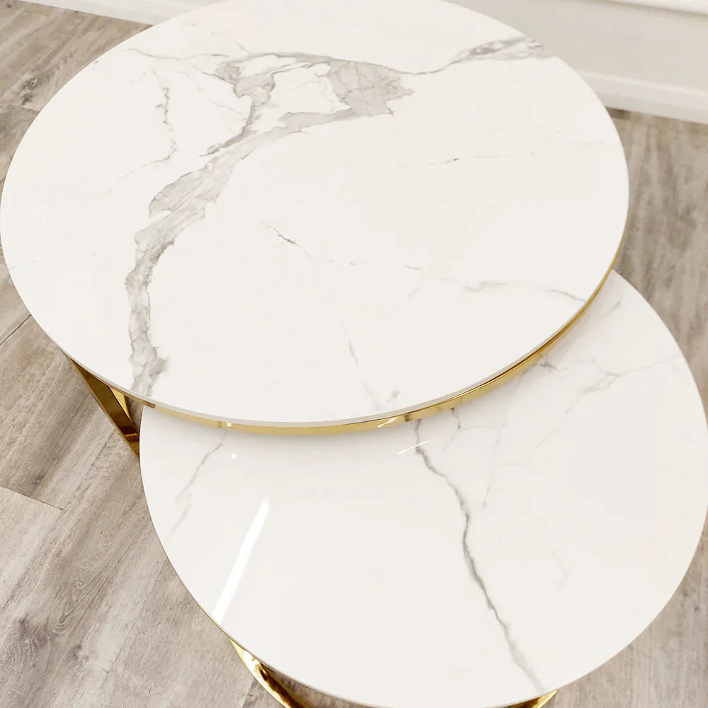 Halo Nest of 2 Short Round Coffee Gold Tables with Polar White Sintered Stone Tops