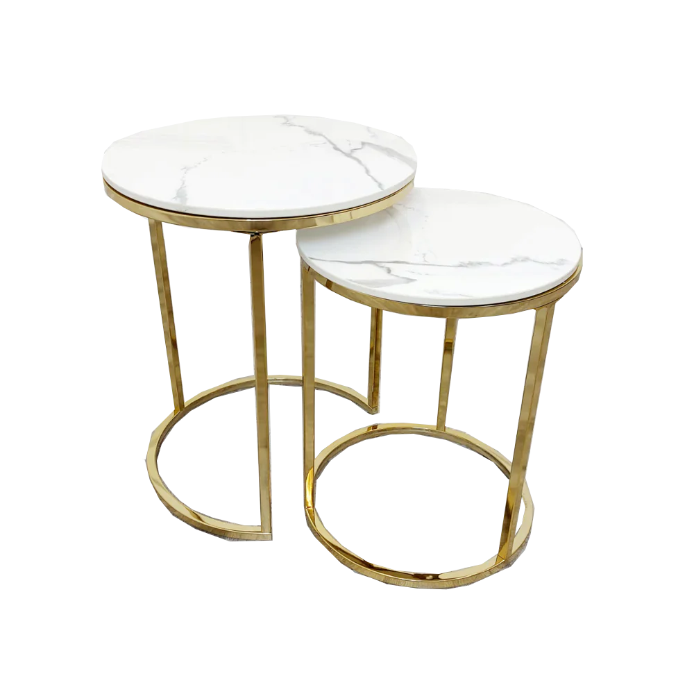 Hallo Nest of 2 Tall Gold End Tables with Polar White Sintered Stone Tops