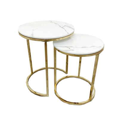 Hallo Nest of 2 Tall Gold End Tables with Polar White Sintered Stone Tops