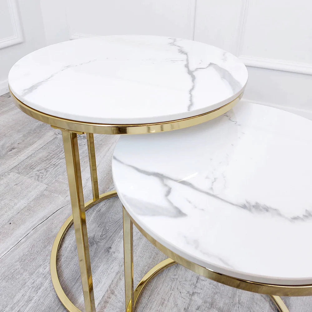 Hallo Nest of 2 Tall Gold End Tables with Polar White Sintered Stone Tops