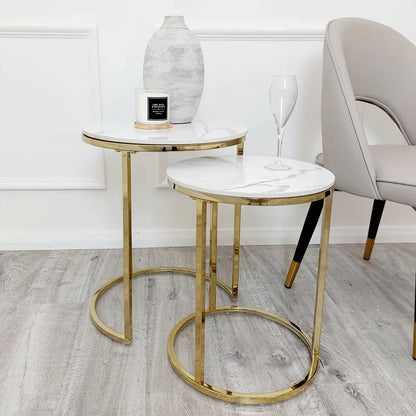 Hallo Nest of 2 Tall Gold End Tables with Polar White Sintered Stone Tops