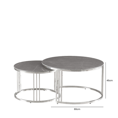 Set of 2 Chrome Metal Coffee Table with Grey Marble Design Glass Top Coffee Table