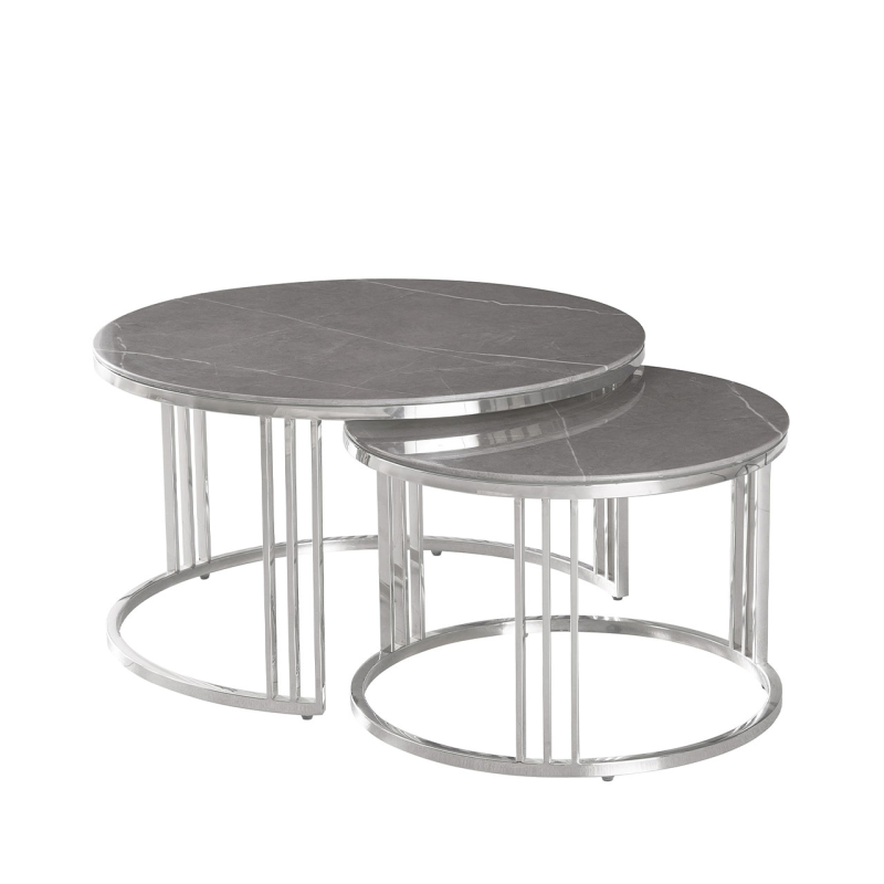 Set of 2 Chrome Metal Coffee Table with Grey Marble Design Glass Top Coffee Table