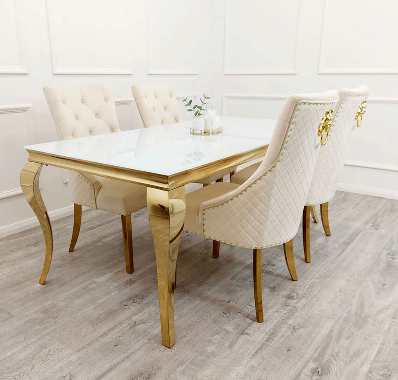 Louis 1.5m Gold Dining Table 4 Chairs White Top